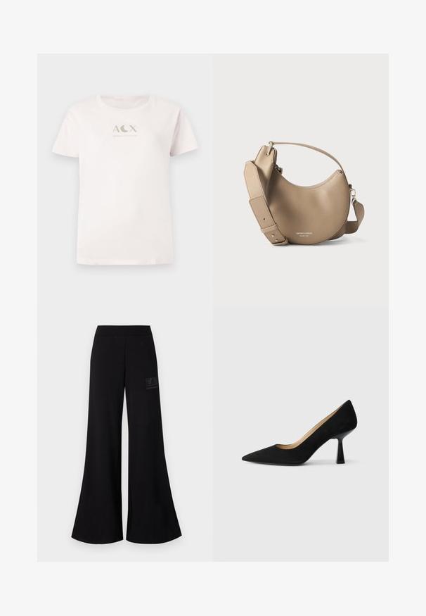 Kerge roosa puuvillane t-särk lühikeste varrukatega, ümmargune kaelus, mille esiküljel on metallik hõbedane "ACX ARMANI EXCHANGE" logo.; Mustad mustad püksid pehmest kangast, elastse vöökohtaga. Vasakul küljel on tekstureeritud logo õmblus.; Must värvusest seemisnahast kõrged kontsad terava ninaosa ja läikiva musta plokknalaga, millel on sile sisemine vooder.; Beežist nahast poolkuu-kujuline käekott, millel on lai reguleeritav rihm ja väike käepide, kaunistatud hõbedase kaubamärgi ja asukohatekstiga.