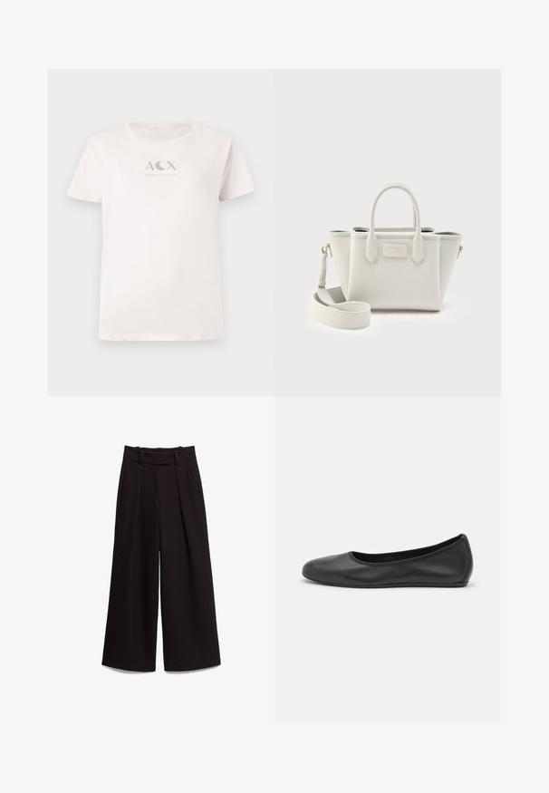 Lyserød bomulds t-shirt med korte ærmer og rund hals, som har et metallic sølvfarvet "ACX ARMANI EXCHANGE" logo på forsiden.; Sorte vidde bukser med høj talje, bæltestropper, sidelommer og folder foran, lagt fladt på hvid baggrund.; Sort læderballetsko med rund tå, glat tekstur, minimal syning og et fleksibelt såldesign.; Hvid lædertaske med to håndtag, en aftagelig skulderrem og en lille guldfarvet logoplade på forsiden.