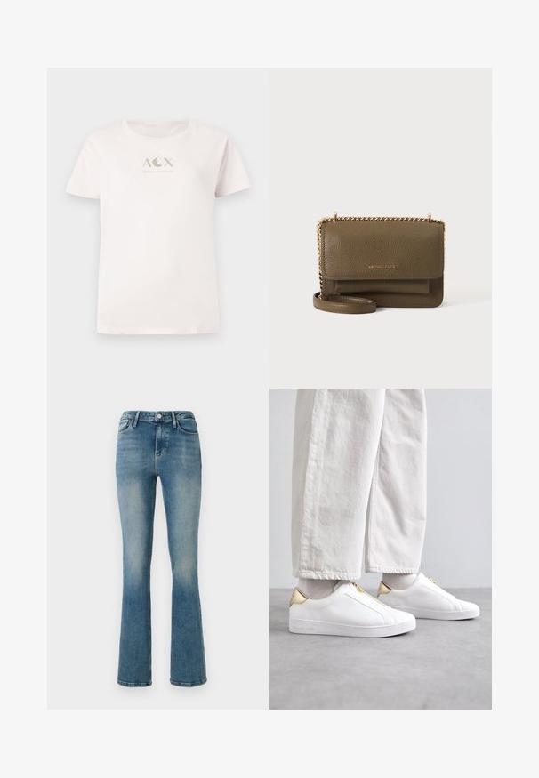 Lyserød bomulds t-shirt med korte ærmer og rund hals, som har et metallic sølvfarvet "ACX ARMANI EXCHANGE" logo på forsiden.; Lys blå denim flared jeans med fem lommer, høj talje og sy detaljer. Stoffet viser en let falmet vask og en glat tekstur.; Hvide lædersneakers med gulddetaljer og lynlås. Tekstureret overdel, flad sål og minimalistisk design. Modellen bærer lyse bukser.; Olivengrøn Michael Kors læder crossbody-taske med klaplås, guldkædestrop og forlomme, vist mod en plain hvid baggrund.