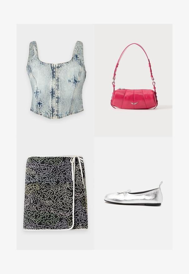 Lette blå denim crop-top med firkantet halsudskæring, brede stropper, frontlynlås og dekorativ søm i et krydsmønster.; Sort omslagskjorte med et flerfarvet stjernemønster i nuancer af pastellgul, grøn og blå, fremhævet med hvid kant og bånd.; Sølvmetallic balletsko med lille sløjfe foran, sort sål og trækflap ved hælen, vist fra siden.; Lille skinnende lyserød skuldertaske i læder med sølv vingeemblem og justerbar rem, lynlåslukning øverst, vist på hvid baggrund.