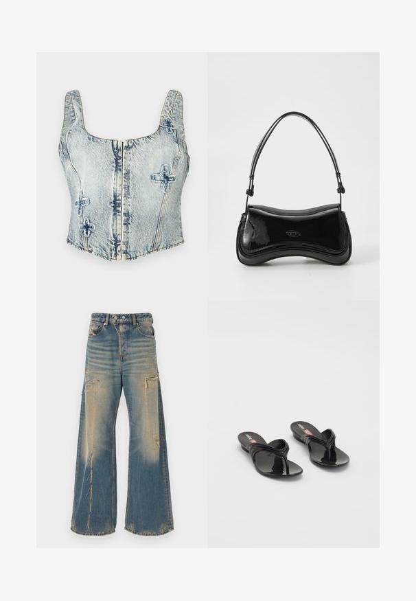 Lichtblauwe denim crop top met vierkante halslijn, dikke schouderbanden, ritssluiting aan de voorkant en decoratieve stiksels in een kruispatroon.; Wijde, lichtverfde blauwe spijkerbroek met beschadigde details, voor- en zijzakken, en een knoop- en ritssluiting.; Melissa QUANTUM THONG X DIESEL - Teensandalen - black; Zwarte laarzen van patentleer met een gebogen vorm, een enkele handgreep en een ronde bodem. Beschikt over een subtiele logodetail aan de voorkant.