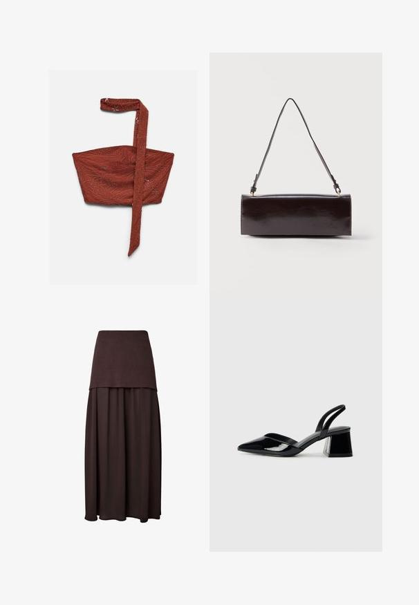 Crop top van roestkleurige stof met één schouderband, versierd met subtiele kralen in spiraal- en sterrenpatronen.; Donkerbruine maxi-rok met een aansluitende geribde tailleband en vloeiende geplooide stof onder de taille.; Zwarte gepatineerde leren slingback hakken met een spitse neus en een geometrische blokhak. Kenmerkt zich door een slank, minimalistisch ontwerp en een gladde textuur.; Rechthoekige zwarte leren handtas met een enkele lange schouderband en een glanzende afwerking, weergegeven tegen een effen witte achtergrond.