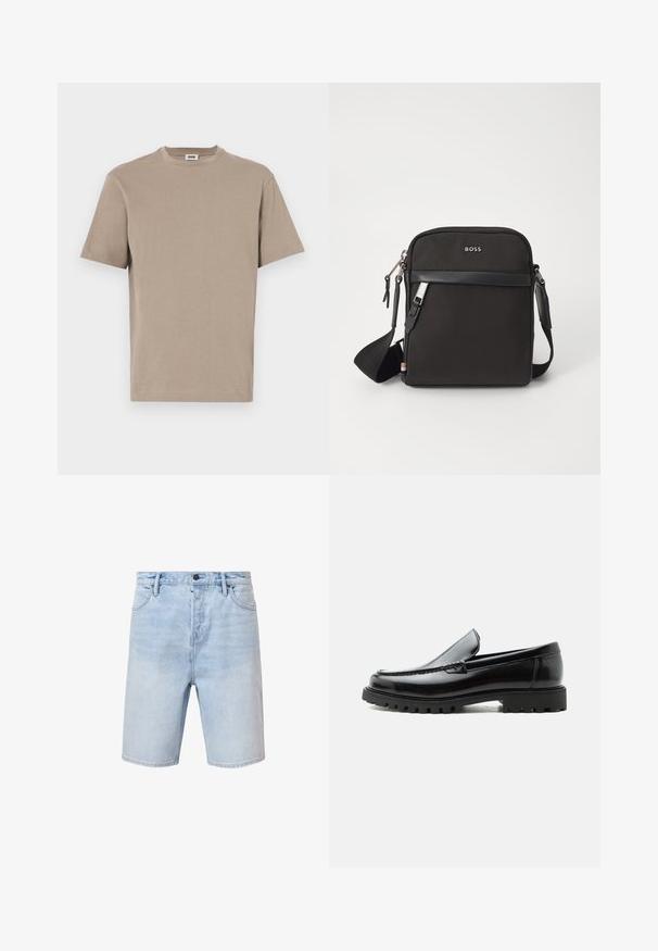 Beige bomulds t-shirt med rund hals, korte ærmer og lige kant. Glat tekstur, minimalistisk design, ingen synlige grafik eller accenter.; Lyseblå denimshorts med regular fit, fem-lomme design og knaplukning. Har subtilt slid og syet kant.; Sort læderloafer med chunky gummisål, syet overdel og præget mærkenavn på hælen, vist i sideprofil på hvid baggrund.; Sort crossbody taske med et struktureret stof, logo på fronten, lynlås lukning og justerbar rem. Har en glat læderkant.