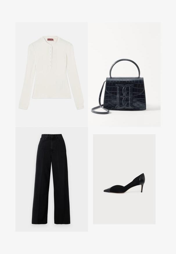 Langærmet hvid ribbet top med henley-uafskærmning og seks-knap placket, der har tætsiddende manchetter og en let afsmalnet form.; Sorte wide-leg jeans lavet af denim, med høj talje, forlommer og knaplukning. Stoffet har en glat tekstur.; Sort stilet med spids tå, mat overflade på skoen og blank tåkappe, vist fra siden på hvid baggrund.; Sort krokodillede læderhandbag med en struktureret design, top-håndtag, justerbar rem og et fremtrædende frontlogo.