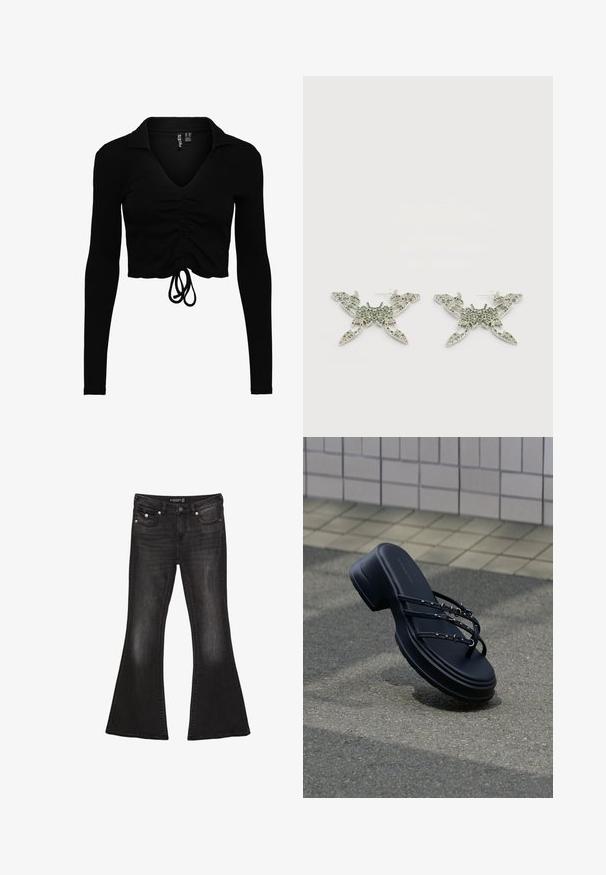 Pieces PCTEGAN TIE - Longsleeve - black; Zwarte denim flared jeans met een mid-rise taille, voorzien van vijf zakken, contrasterende stiksels en accenten in zilverkleurige hardware.; Zwarte platformsandaal met drie dunne bandjes en zilveren gespen zwevend boven asfalt nabij een betegelde muur.; Zilverkleurige oorbellen in de vorm van krabben, versierd met groene strasstenen, met een gedetailleerd ontwerp met klauwen en een textuurrijke afwerking.