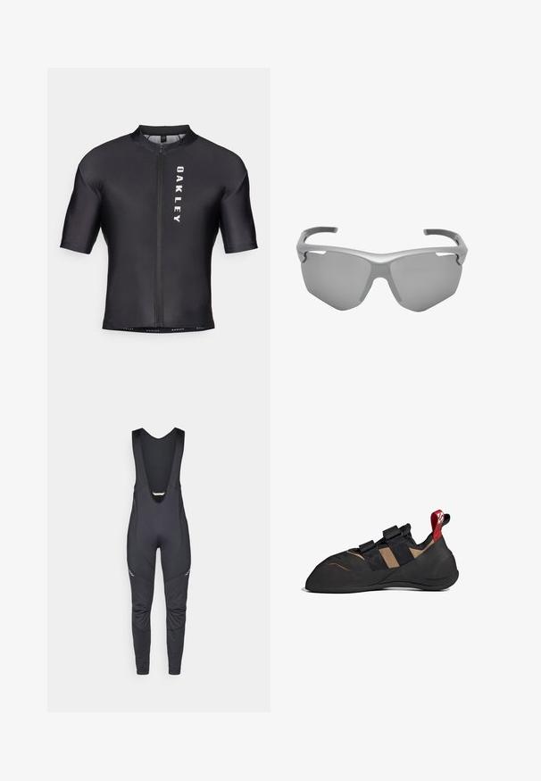 Kurzarm-Radtrikot aus schwarzem, glattem Stoff. Mit einem Reißverschluss an der Vorderseite und "OAKLEY" in Weiß auf der linken Seite bedruckt.; Vaude MENS MATERA WARM - Bib-Tights - black; Kletterschuh mit einem schwarzen und braunen Obermaterial aus Synthetik, ausgestattet mit zwei Klettverschlüssen, einer Gummisohle und einer roten Schlaufe an der Ferse.; Umschließende Sport-Sonnenbrille mit einer einzelnen dunkel getönten Linse und dickem, gebogenem grauen Rahmen für den Außeneinsatz.