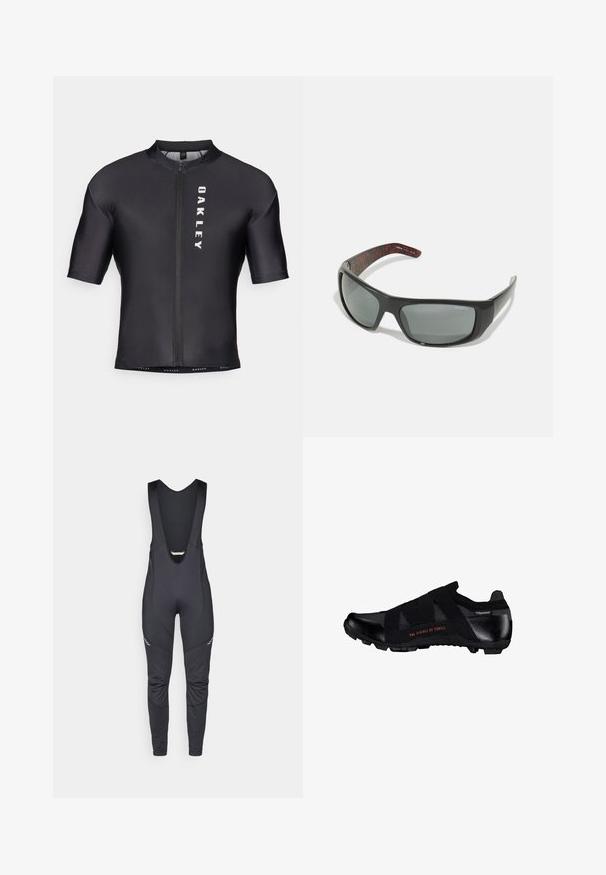 Cykeltrøje med korte ærmer lavet af sort, glat stof. Har en lynlås foran og "OAKLEY" trykt i hvidt på venstre side.; Vaude MENS MATERA WARM - Bib-leggings - black; Sort lavskåret sportssko med elastiske remme, tekstureret sål og tekst "The Science of Thrill" på siden.; Arnette HOT SHOT - Solbriller - dark grey