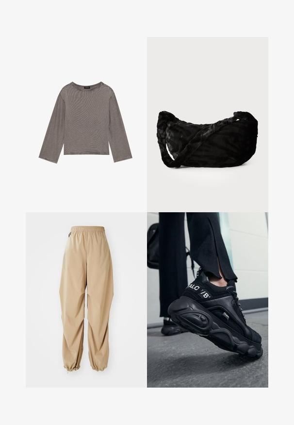 Grå langærmet top lavet af letvægtsstof med en løs pasform, der har en rund halsudskæring og rå kantdetaljer.; Beige letvægtsbukser med elastisk talje, tapered manchetter og en glat tekstur, der har en afslappet pasform og ingen synlige mønstre eller udsmykninger.; Close-up af en person iført sorte Buffalo sneakers med tykke såler, stående på en grå betongulv, iført sorte bukser og med en rygsæk.; Sort stofpose med et struktureret bølgemønster, der har et snoet håndtag og afrundet form. Blødt, pelsagtigt materiale, der giver en taktil fornemmelse.
