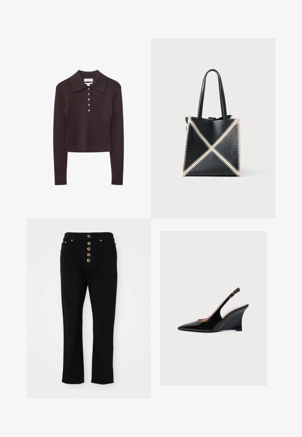 Pull polo en maille à manches longues marron foncé avec un col pointu et cinq boutons sur le devant, présentant une coupe légèrement courte.; Jean en denim noir avec une coupe ajustée, présentant une taille haute et une fermeture à cinq boutons. Comprend deux poches avant et des garnitures en métal doré.; Compensé à bride arrière en cuir verni noir avec bout pointu et fine bride réglable à la cheville avec boucle.; Sac fourre-tout en cuir noir avec des coutures crème formant un motif en X. Il dispose de deux poignées noires et d'une forme non structurée.