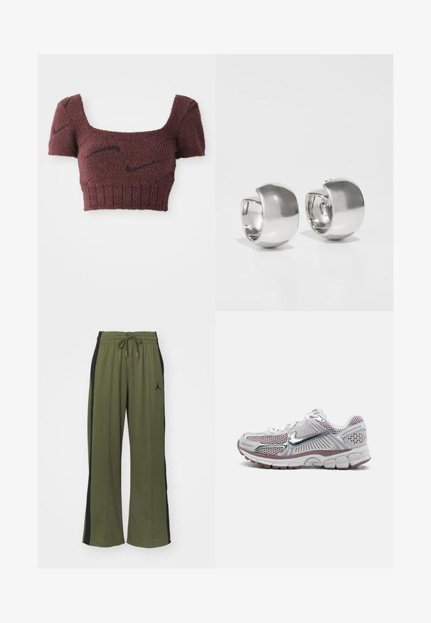 Lilla cropped top med et struktureret stof, firkantet halsudskæring, korte ærmer og ribbet kant, med subtile mørke mønstre gennemgående.; Grønne træningsbukser med sorte sidelænder, elastisk talje og snor. Har et lille sort logo på venstre ben. Blød stofstruktur.; Nike atletik sko med en hvid mesh-overdel med sølvaccenter, pink detaljer og en tyk, polstret, struktureret sål.; Uncommon Matters SCULPTURAL LARGE CREOLE - Øreringe - silver-coloured