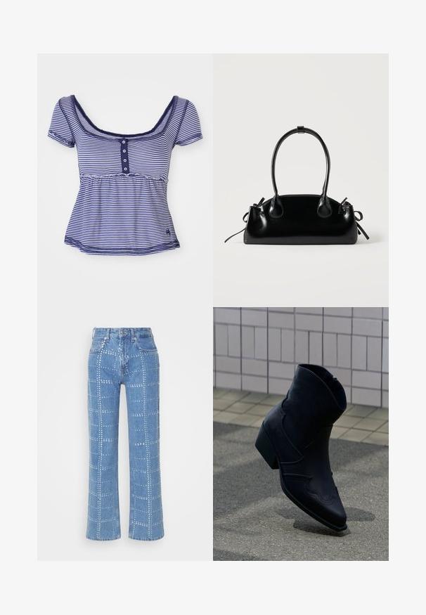 T-shirt à manches courtes en rayures bleu marine et blanches, avec un décolleté arrondi et des boutons à l'avant. Tissu doux avec une taille froncée.; Jean en denim bleu clair avec une coupe droite, ornés d'un motif en grille de clous argentés et d'un design classique à cinq poches.; Bottine en cuir noir avec un petit talon, couture décorative et bout pointu, positionnée debout sur une surface pavée à côté d’un mur carrelé.; Petit sac à main noir brillant avec deux longues anses et des détails à cordon sur les côtés sur un fond clair uni.