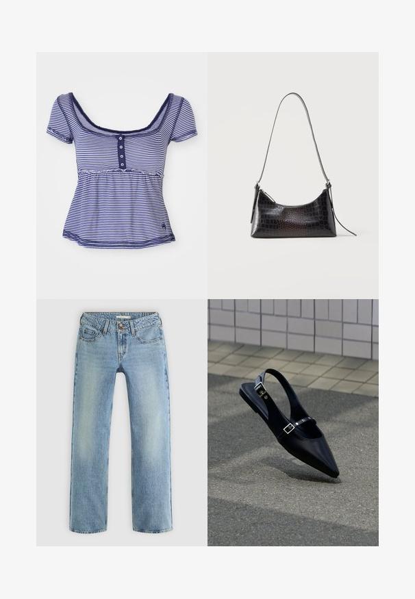 T-shirt à manches courtes en rayures bleu marine et blanches, avec un décolleté arrondi et des boutons à l'avant. Tissu doux avec une taille froncée.; Jeans droits bleu clair en denim, dotés d'une fermeture à bouton, de cinq poches et d'un léger dégradé le long des jambes.; Mocassin noir à bout pointu et bride arrière, avec double boucle, posé sur un asphalt gris près d'un mur carrelé en arrière-plan.; Sac à bandoulière noir à texture crocodile, fermeture éclair et longue lanière fine, présenté sur fond blanc.