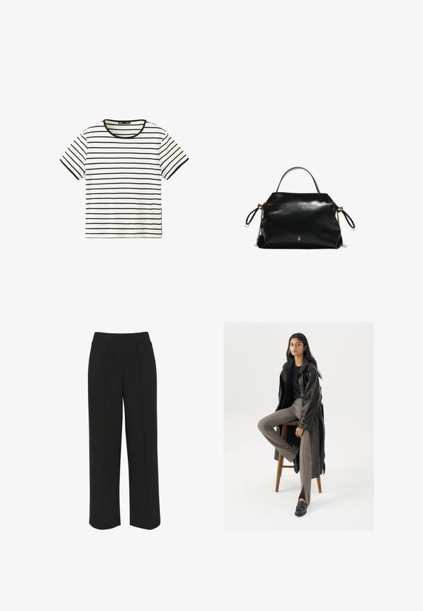 Chemise blanche à manches courtes avec fines rayures noires horizontales et un col rond noir.; Pantalons larges noirs avec une taille plate, comportant des plis à l'avant et une texture lisse. Pas de poches ni de matériel visible.; Manteau trench en cuir noir avec des boutons et une ceinture, associé à un pantalon ajusté marron clair et des mocassins noirs, assis sur un tabouret en bois.; Sac à main en cuir noir avec poignée courte, détails de chaîne dorée sur les côtés et petit emblème doré au centre avant.