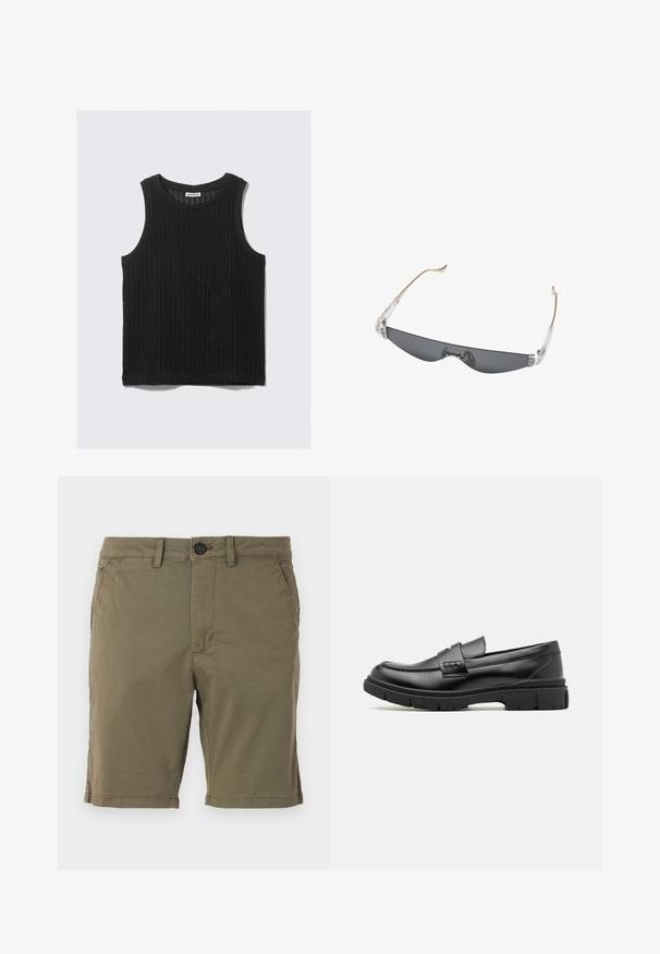 Haut noir sans manches en tissu côtelé texturé. Présente un col arrondi et un ourlet droit. Design simple sans accents supplémentaires.; Shorts vert olive en tissu mélangé coton, avec une fermeture à bouton, des poches avant et un bas ourlé avec des détails de couture subtils.; Mocassin en cuir noir avec une large sangle sur le devant, semelle en caoutchouc à épaisse rainure, et texture lisse. Design classique et élégant.; Lunettes de soleil fines et rectangulaires à verres teintés foncés, charnières en plastique transparent et branches fines beige courbées aux extrémités.