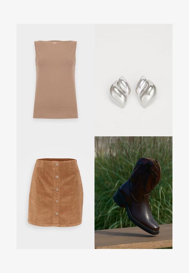Mouwloze lichtbruine dames top met boot halslijn, gemaakt van zachte stof, plat weergegeven op een lichte achtergrond.; Korte corduroy rok in lichtbruin met een knoopsluiting aan de voorkant, zeven silvertint knopen en een gestructureerde, ribbelstof.; Donkerbruine leren cowboylaars met decoratief stiksel, schuin geplaatst op een houten oppervlak met op de achtergrond hoog gras.; Zilveren oorbellen met een organische, abstracte vorm. Gladde, glanzende oppervlakte met een taps toelopend ontwerp. Beschikken over subtiele rondingen en een centrale lijn detail.