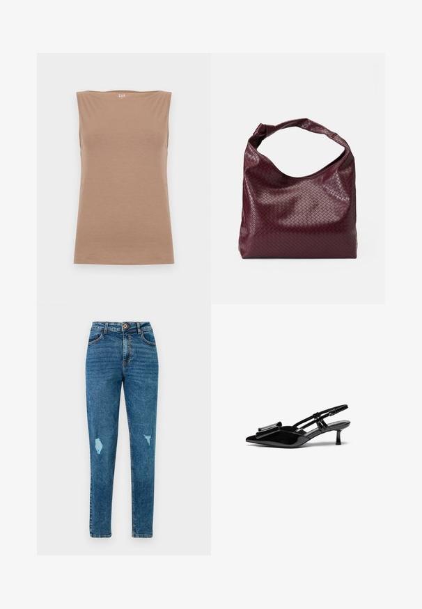 Ærmeløs, lysebrun kvindetop med bådhalsudskæring, lavet af blødt stof, vist fladt på en lys baggrund.; Blå højtaljede skinny jeans med slidte detaljer på lår og lommer, med knap- og lynlås-lukning.; Sorte patenterede læderslingbacks med spids tå, en sløjfedetalje foran og en lille stilettohæle. Remmene har justerbare spænder.; Burgunderfarvet taske med et tekstureret, vævet mønster, blødt lædermateriale og et enkelt, knyttet håndtag. Rummeligt, hobo-stil design.
