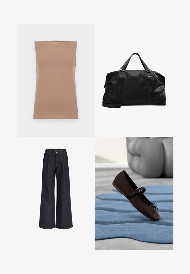 Top sin mangas para mujer de color marrón claro con escote bote, hecho de tela suave, exhibido plano sobre un fondo claro.; Jeans de mezclilla de pierna ancha en azul oscuro con pliegues, cierre de botón y trabillas para cinturón, mostrados sobre un fondo blanco.; Zapato plano Mary Jane de color marrón oscuro con hebilla y detalle de lazo, descansando sobre una alfombra texturizada azul ondulada y un sofá acolchado gris al fondo.; Bolsa de viaje de cuero negra con dos asas superiores y una correa de hombro detachable. Presenta herrajes en tono dorado y un bolsillo frontal. Textura suave.