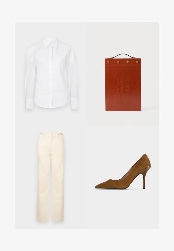 Valge puuvillane särg, millel on klassikaline krae, pikad varrukad ja tavaline nööbiplokk, kus on beežid nupud. Sile tekstuur.; Rabanne Sirgete säärtega teksad - off white denim; Pruun seemisest ülalt terava ninaga kõrge kontsaga king, millel on peen konts ja metallist detail kanna lähedal, helel ühtlasel taustal.; Pruunist nahast dokumentide hoidja, millel on lame ristkülikukujuline kuju, reljeefselt pressitud tekst, ülemine käepide ja kuldsetest elementidest accendid.
