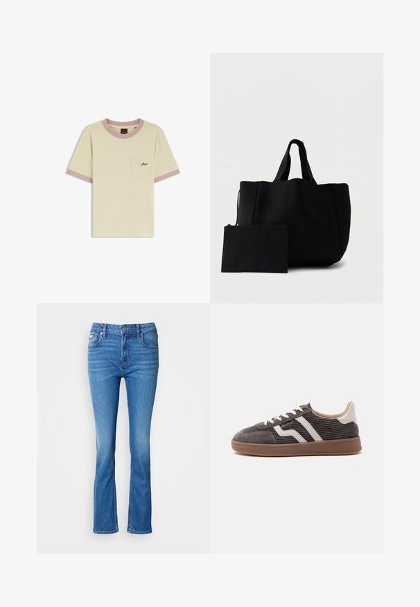 Beige T-shirt med korte ærmer med lysrosa krave og ærmekanter, brystlomme foran med broderet "Boss"-logo.; Blå denim flared jeans med en mellemhøj talje, der har et klassisk fem-lomme design og en subtil affadet tekstur ved knæene.; Enkel mørkegrå sneaker med hvide læderdetaljer, teksturerede sider, hvide snørebånd og en brun gummisål, vist fra siden på en ensfarvet baggrund.; Sort tekstureret mulepose med to korte håndtag, ledsaget af en matchende rektangulær pung med lynlås, sat mod en hvid baggrund.