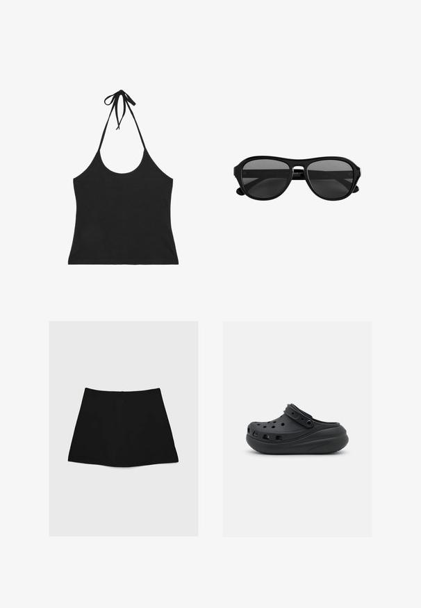 Sort halterneck-croptop med tynde stropper, der er bundet ved halsen, og med lavt udskåret front og ryg.; Sort mini nederdel med en glat tekstur, A-linjeform og buet nederkant. Har en lynlås bagpå til lukning, uden yderligere mønstre eller accenter.; Sorte gummiklipper med ventilationshuller, hævet hæl og justerbar rem. Glat tekstur og rund form.; Solbriller med sort plaststel, mørke tonede glas og en smal bro, vist forfra på en hvid baggrund.