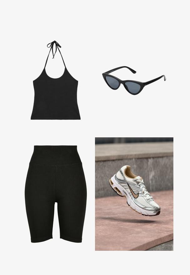 Crop top noir à col halter avec fines bretelles nouées autour du cou et décolleté plongeant devant et derrière.; Shorts de vélo taille haute noirs en tissu extensible, avec une texture lisse et un ourlet piqué, conçus pour le confort et la liberté de mouvement.; Chaussure de course Nike blanche et argentée avec un logo Swoosh beige, montrée en suspension au-dessus d'une surface en pierre avec un mur gris flou en arrière-plan.; Lunettes de soleil noires en forme d'œil de chat avec des verres gris foncé, monture en plastique élégante, coins pointus et branches droites. Pas de métal visible ni d'accents.