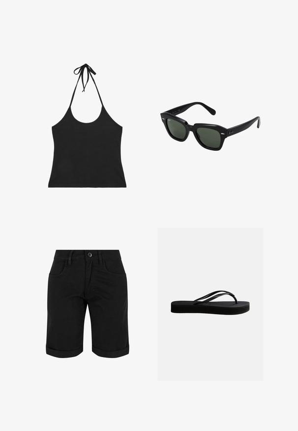 Crop top noir à col halter avec fines bretelles nouées autour du cou et décolleté plongeant devant et derrière.; Shorts en coton noir avec fermeture à bouton, présentant des revers, deux poches avant et une texture lisse.; Tongs en caoutchouc noir avec semelle texturée et bride en forme de Y, vues de côté sur un fond clair uni.; Lunettes de soleil carrées noires avec des verres vert foncé, présentant des montures audacieuses et des accents argentés sur les côtés. Fabriquées en Italie.