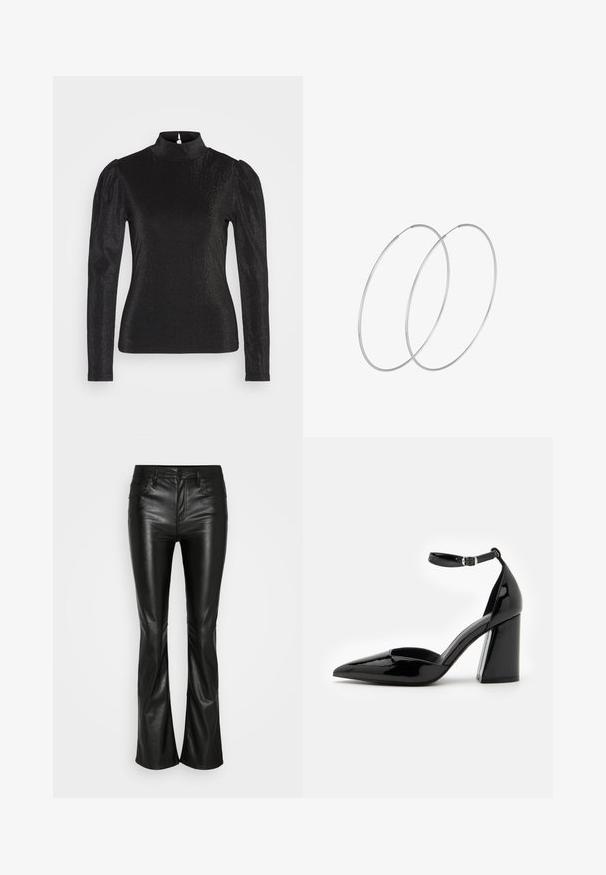 Camiseta negra de manga larga con cuello alto, que presenta hombros abullonados y un tejido brillante y texturizado que crea un sutil efecto de brillo.; GAP BABY BOOT - Pantalones - black; Zapato de tacón alto de charol negro con punta afilada, correa en el tobillo y ancho tacón bloque para mayor estabilidad, con una textura suave y brillante.; Pendientes de aro plateados con un diseño minimalista. Forma circular, textura suave y perfil delgado. Livianos con un acabado pulido.