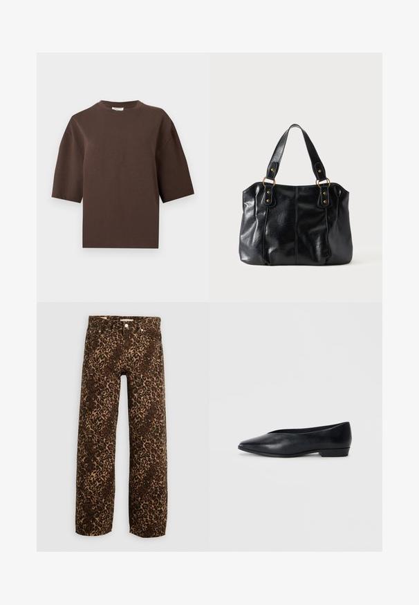 Brun oversized kortærmet bomuld T-shirt med rund halsudskæring, vist på en ensfarvet lys grå baggrund.; Bordeaux og tan leopardprint brede benjeans. Fremstillet af denim, med et klassisk fem-lomme design og metalhardwaredetaljer.; Sorte læder flade sko med spids tå, let hævet hæl og glat overflade. Simpelt design uden synligt hardware eller mønstre.; Sort læder skuldertaske med dobbelte stropper fastgjort med gyldne ringe og nitter, glat og let skinnende overflade, enkelt design.