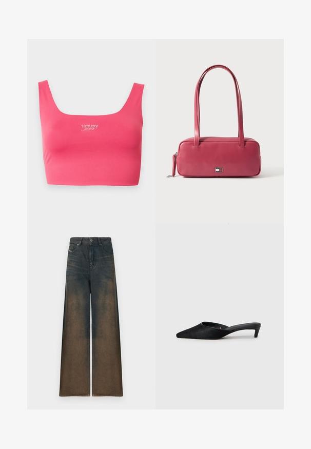 Rosa kurzes Tanktop mit eckigem Ausschnitt, aus glattem Stoff, mit "tom my jeans" in Weiß in der Mitte vorne bestickt.; Weite Jeans in dunklem Denim, mit einem Farbverlauf von Dunkel- zu Hellbraun, im klassischen Five-Pocket-Design und metallischem Knopfverschluss.; Schwarze Wildleder-Mules mit spitzer Zehenform und niedrigem Absatz. Verfügen über eine glatte Textur und einen offenen Rücken für bequemes Tragen. Einfaches Design ohne Muster.; Rosa Ledertasche mit rechteckiger Form, zwei Griffen und einem kleinen Metallemblem auf der Vorderseite, mit einer glatten, glänzenden Oberfläche.
