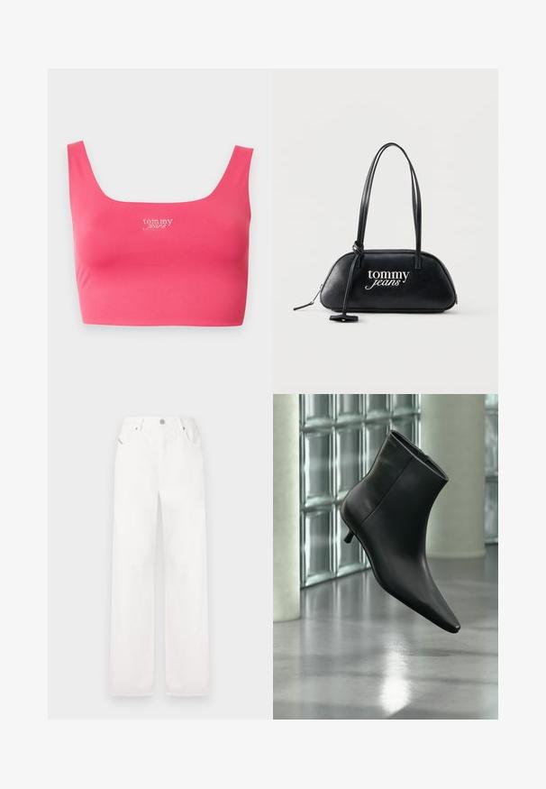 Roze cropped tanktop met een vierkante halslijn, gemaakt van gladde stof, met "tom my jeans" in witte letters geborduurd op het midden vooraan.; Witte katoenen wijde broek met een klassiek vijf-pocketontwerp en een metalen knoopsluiting, met subtiele stikdetails.; Zwarte leren enkellaars met spits toelopende neus en lage kittenhak, schuin weergegeven tegen een gepolijste vloer en een glazen blokken muur als achtergrond.; Zwarte leren schoudertas met lange handvatten, "tommy jeans"-logo in wit en een geknoopte banddetail op een effen achtergrond.