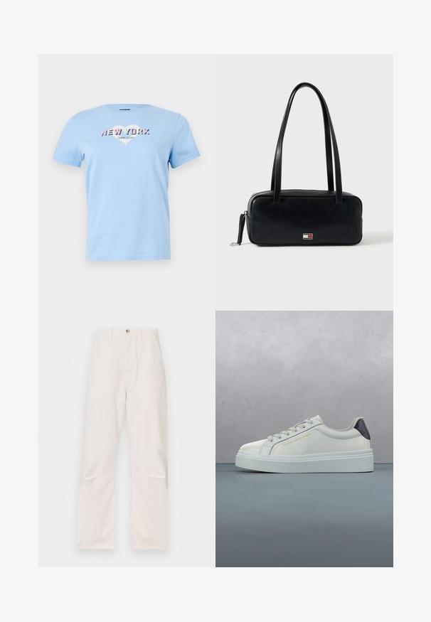 Lyseblå bomulds t-shirt med korte ærmer, der har "NEW YORK" i fede sorte og pink bogstaver inden i et hjertegrafik.; Hvide højtaljede bukser lavet af et blødt stof, med to frontlommer, et lige ben-design og en enkelt knaplukning fortil.; Hvid lavtop sneaker med snørebånd og sort hælflap, mærket "Tommy Hilfiger," svævende over en træ- og stenflisebelagt overflade udendørs.; Sort læderhåndtaske med rektangulær form, flad bund, to skulderremme og en lille logodetalje foran. Glat tekstur.