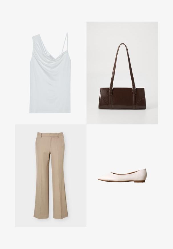 Débardeur blanc avec un col drapé, des bretelles fines et ajustables, et une texture lisse. Dispose d'une étiquette à l'intérieur indiquant "ANNA FIELD."; Pantalon beige pour femme avec passants de ceinture, pli devant et coupe droite à jambes larges sur fond blanc uni.; Chaussure de ballet plate blanche avec bout pointu et petit talon, dessus en cuir texturé et semelle couleur fauve, vue de profil sur fond blanc.; Sac à main en cuir verni marron de forme rectangulaire, avec deux longues poignées et des accents courbés subtils à l'avant.