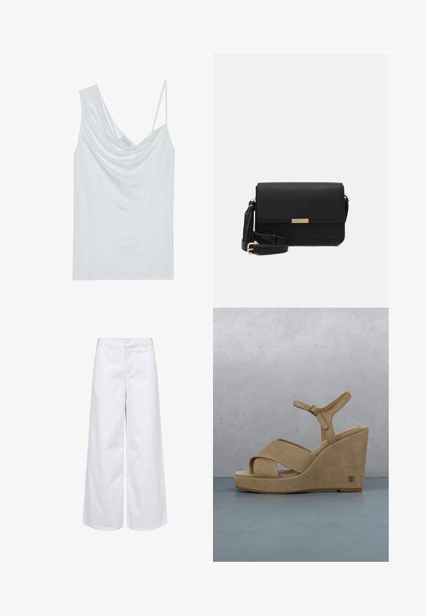 Top de tirantes blanco con escote drapeado, finos tirantes ajustables y una textura suave. Presenta una etiqueta en el interior que dice "ANNA FIELD".; Pantalones anchos blancos de algodón, con una cinturilla estructurada y bolsillos frontales. Textura suave con un diseño limpio y minimalista.; Sandalias de cuña de ante beige con tiras cruzadas y una correa en el tobillo, con un logo en tono dorado en el talón y una plantilla texturizada.; Bolso cruzado de cuero negro con cierre de solapa, acentos en dorado, correa ajustable y superficie texturizada. Forma rectangular compacta.