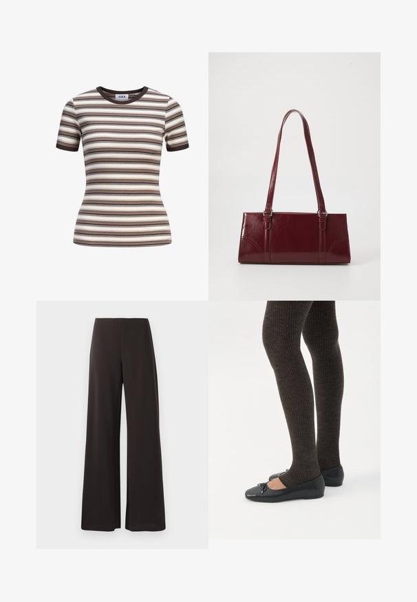 Tætsiddende kortærmet ribstrikket top med horisontale striber i brun, beige, creme og sort, samt mørkebrun rund halsudskæring og ærmekanter.; Sorte breddebenbukser lavet af glat, strækbart stof. Har en høj talje og et rent, minimalistisk design uden synlige lukninger.; Ben iført mørke ribbede leggings kombineret med sorte balletsko med små sløjfedetaljer på hvid baggrund.; Bordeaux håndtaske lavet af glansfuldt materiale, rektangulær form, med to skulderremme og subtile buede detaljer på forsiden.