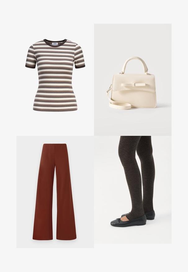 Getailleerd kortermig geribd shirt met horizontale strepen in bruin, beige, roomwit en zwart, met een donkere bruine ronde hals en mouwboorden.; Wijde broek van gladde stof in een rijke, diepe bruine kleur. Heeft een hoge taille en strakke lijnen zonder zichtbare sluitingen.; Benen met donkere geribbelde leggings gecombineerd met zwarte ballerina's met kleine strikdetails op een witte achtergrond.; Kleine beige handtas met bovenhandvat, afneembare riem, voorflap en decoratieve horizontale strik op een effen achtergrond.