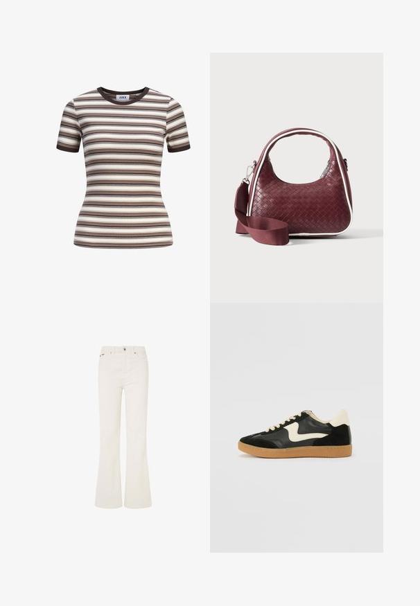 Tætsiddende kortærmet ribstrikket top med horisontale striber i brun, beige, creme og sort, samt mørkebrun rund halsudskæring og ærmekanter.; Hvide flared jeans lavet af bomuldsblandingsmateriale. Har fem lommer, en frontknaplukning og synlig syning langs sømmene.; Sorte ruskinds- og lædersneakers med en cremefarvet side-swoosh og lys cremefarvet hæl. Har beige snørebånd og en gummirubber-sål.; Mørkerød vævet lædertaske med buet hank, hvid kant, sølv lynlås og aftagelig bred stofskulderrem mod en ensfarvet baggrund.