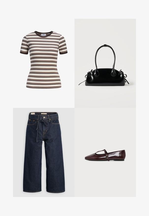 Camiseta ajustada de manga corta con canalé y rayas horizontales en marrón, beige, crema y negro, con cuello redondo y puños de manga en marrón oscuro.; Jeans de mezclilla de pierna ancha en azul oscuro con cintura ajustable por cordón, bolsillos frontales y detalles de costura en naranja contrastante.; Zapato plano de cuero burdeos oscuro con punta puntiaguda y una fina tira en forma de T con hebilla plateada sobre un fondo blanco.; Pequeño bolso negro brillante con dos asas largas y detalles de cordón lateral sobre un fondo claro liso.