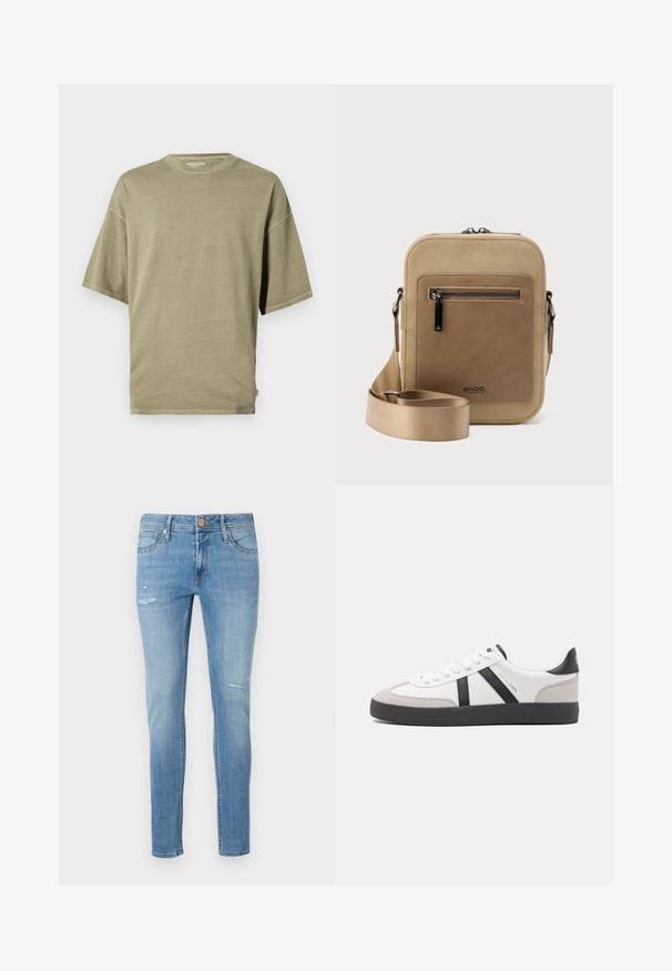 Oliven grøn kortærmet t-shirt lavet af blødt stof, med rund hals og en afslappet pasform med syede kanter.; Lys blå denimjeans med en slim fit, der har mindre slidte detaljer og en fem-pocket design, afsluttet med en standard knaplukning.; Hvide sneakers med sorte og grå detaljer, med en tekstureret grå tåhætte, sort gummisål og flade hvide snørebånd. Rent design, minimalistisk stil.; Lille beige crossbody-taske med lynlåslomme foran, metal ALDO-logo, justerbar bred rem og rundet rektangulær form på hvid baggrund.