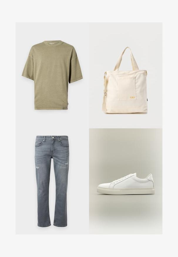 Olijfgroene T-shirt met korte mouwen, gemaakt van zachte stof, met een ronde halslijn en een losse pasvorm met gestikte zomen.; Grijze denim jeans met een rechte pijpdesign, lichte slijtage bij de knieën en traditionele vijf-pocket stijl. Knopsluiting bij de taille.; Witte lage sneaker met veters aan de voorkant en dikke zool, zijaanzicht tegen een neutrale achtergrond.; Crèmekleurige canvas boodschappentas met voorvak, twee handvatten, verstelbare schouderriem en kleine gele "O.N.S" tekst rechtsonder op het vak.