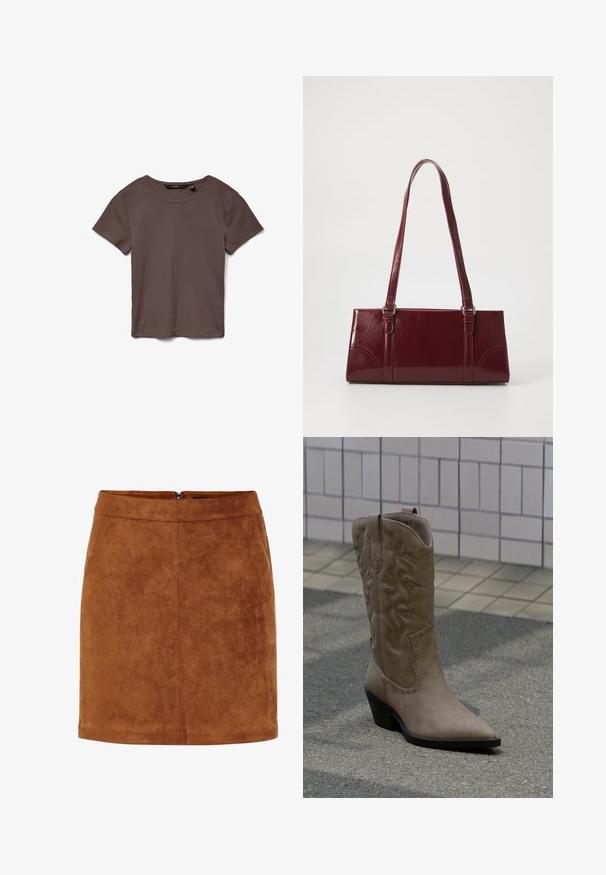 Brun kortærmet ribstrikket T-shirt med rund halsudskæring, lagt fladt på en hvid baggrund.; Brun ruskind mini skirt med en glat tekstur, lige snit og en diskret lynlås bagpå. Har søm detaljer for struktur.; Høj, beige cowboystøvle i ruskind med dekorative syninger og nitteaccenter, med spids snude og skråsort hæl på fortovet.; Bordeaux håndtaske lavet af glansfuldt materiale, rektangulær form, med to skulderremme og subtile buede detaljer på forsiden.