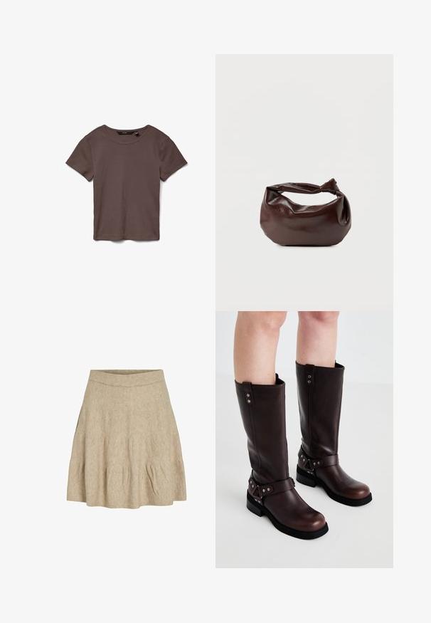 Bruin ribgebreid T-shirt met korte mouwen en ronde hals, plat neergelegd op een witte achtergrond.; Een korte, beige rok gemaakt van een zachte, gestructureerde stof met een geribbeld tailleband en een lichte plooiing bij de zoom.; Bruine leren kniehoge laarzen met een gladde textuur, voorzien van een brede band en driehoekige hardware-accenten, met platte rubberen zolen.; Donkerbruine leren schoudertas met een zachte, slungelige vorm en een gedraaide knoopvormige handgreep op een effen witte achtergrond.