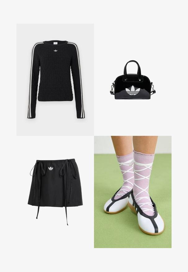 Zwarte gebreide trui met een gestructureerd oppervlak, lange mouwen, een ronde hals en witte zijstrepen met een geborduurd logo op de borst.; Zwarte sport rok met verstelbare trekkoorden, met een klein wit logo aan de voorkant. Gemaakt van lichtgewicht stof met een zachte textuur.; Benen met geribbelde lavendelkleurige sokken met witte kruisbanden, gecombineerd met witte ballerina's met zwarte bies op een groene vloer.; Zwarte gepatenteerde leren handtas met een afgeronde vorm, dubbele handvaten bovenaan, zilveren accenten en een opvallend wit logo aan de voorkant.