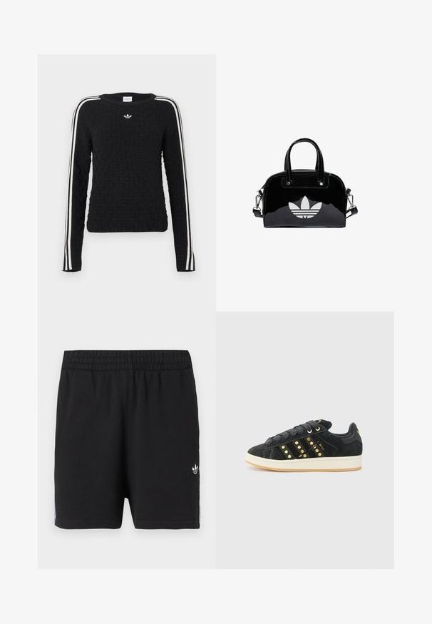 Pull en maille noire avec une surface texturée, manches longues, col rond, rayures blanches sur les côtés et logo brodé sur la poitrine.; Shorts de sport noirs avec taille élastique, petit logo trèfle Adidas blanc sur la jambe gauche, et bandes blanches le long des côtés.; adidas Originals CAMPUS 00S W - Baskets basses - core black/carbon/gold-coloured; Sac à main en cuir verni noir de forme arrondie, avec des poignées supérieures doubles, des accents argentés et un logo blanc proéminent à l'avant.