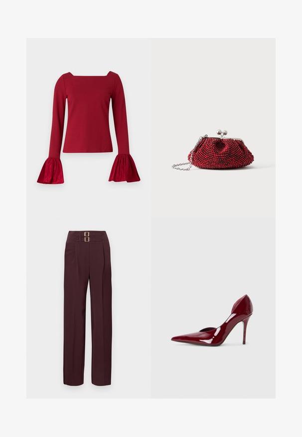 Camiseta roja de manga larga con escote cuadrado. Presenta mangas acampanadas y con textura, y un cuerpo liso. Está hecha de un tejido suave.; Pantalones de tiro alto color burdeos oscuro con dos correas con hebilla dorada en la parte superior y corte recto en las piernas.; Zapato de tacón alto de charol rojo con punta afilada y lados recortados, que presenta un elegante tacón de aguaja. Acabado suave y brillante.; Pequeño bolso de mano rojo con cuentas, cierre plateado y correa de cadena sobre un fondo blanco liso.