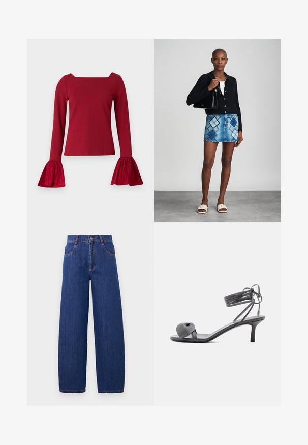 Rotes langärmliges Oberteil mit quadratischem Ausschnitt. Mit ausgestellten, strukturierten Ärmeln und glattem Körper. Aus weichem Stoff gefertigt.; Weite blaue Denim-Jeans mit hoher Taille, vorne mit Taschen und orangefarbener Naht. Der Stoff hat eine glatte Textur mit einem klassischen Finish.; Graue Leder-Pumps mit Absatz, verknotetem Riemen über den Zehen und Wickelriemen um den Knöchel auf schlankem, mittelhohem Absatz vor weißem Hintergrund.; Schwarze Strickjacke, weißes Oberteil, Jeansrock mit blauem und schwarzem Diamantenmuster, schwarze Handtasche und beige Rutschsandalen.