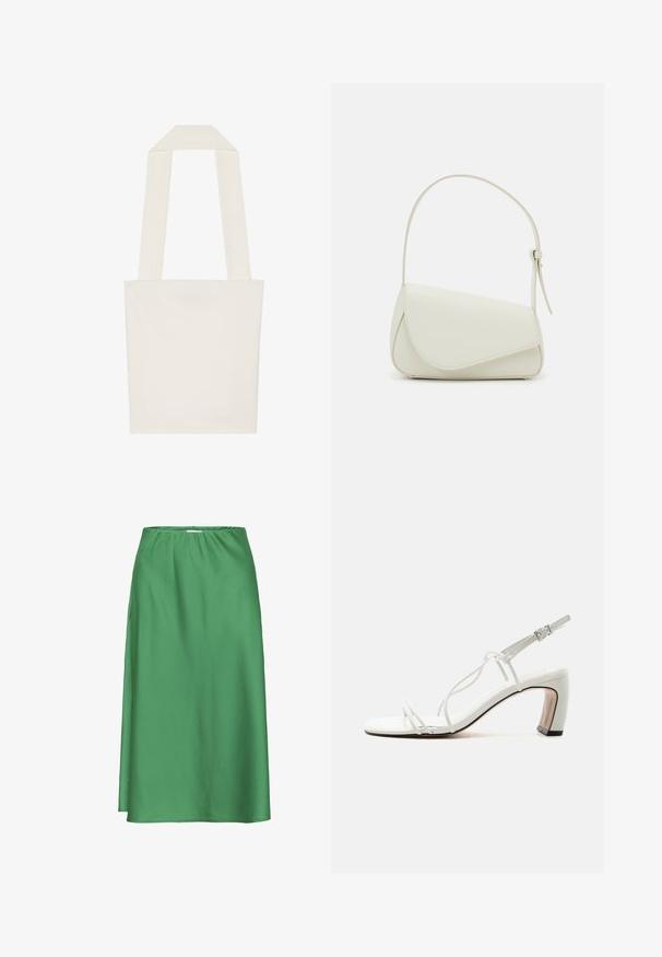 Cremefarvet tote bag med et minimalistisk design, der har brede stofremme og en rektangulær form, fremstillet af slidstærktCanvasmateriale.; Grøn satin nederdel med elastisk taljebånd, midt-længde, glat tekstur og et enkelt, flydende design uden synlige mønstre eller accenter.; Hvid sandal med stropper, firkantet tå, smalle sidelister, ankelspænde og buet blokhæl med sort kant på sålen.; Hvid taske i faux læder med en struktureret trekantet form, enkelt justerbart skulderstrop og en flaplås med kurver.