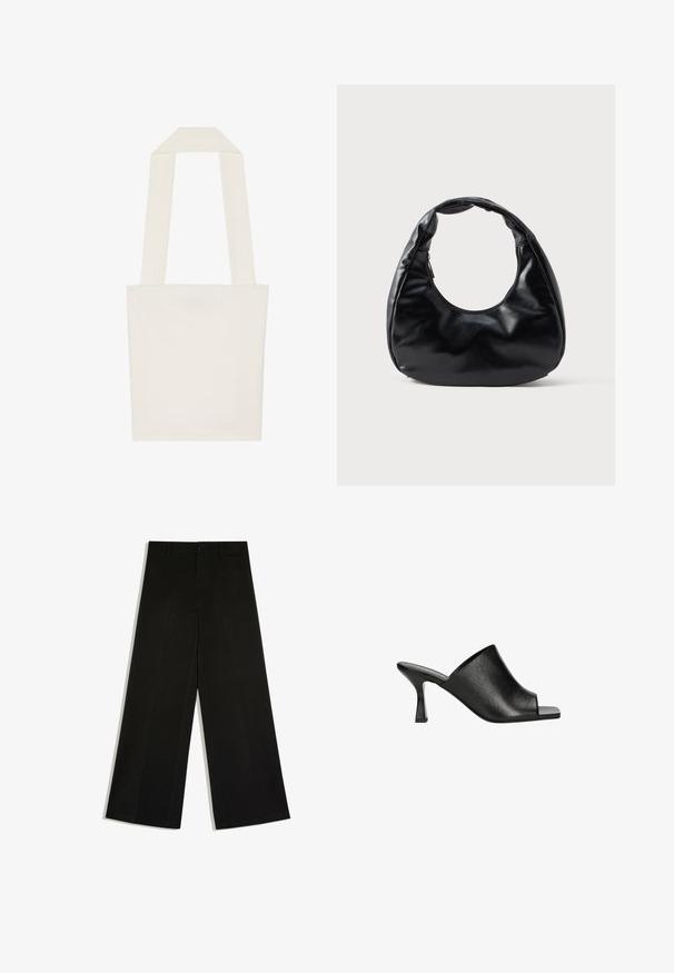 Sac fourre-tout crème avec un design minimaliste, comportant de larges sangles en tissu et une forme rectangulaire, fabriqué à partir d'un matériau en toile robuste.; Pantalon noir à jambes larges avec passants de ceinture, fermeture devant par bouton et zip, posé à plat sur fond blanc.; Mules ouverts en cuir noir au design épuré, avec une texture subtile et un talon bloc effilé pour plus de stabilité.; Sac à main en simili cuir noir avec une forme de croissant unique, une large poignée rembourrée et une fermeture éclair. Texture lisse et brillante, design minimaliste.