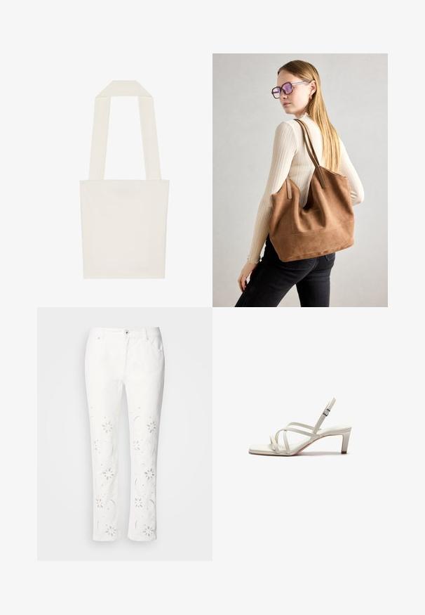 Sac fourre-tout crème avec un design minimaliste, comportant de larges sangles en tissu et une forme rectangulaire, fabriqué à partir d'un matériau en toile robuste.; Pantalon en coton blanc avec broderies florales le long des jambes, coupe droite et fermeture par bouton à la taille.; Zign by Zalando Escarpins - off white; Sac fourre-tout en daim marron avec une texture douce, grande ouverture et longues sangles. Présente un design simple avec des coutures visibles et sans matériel.