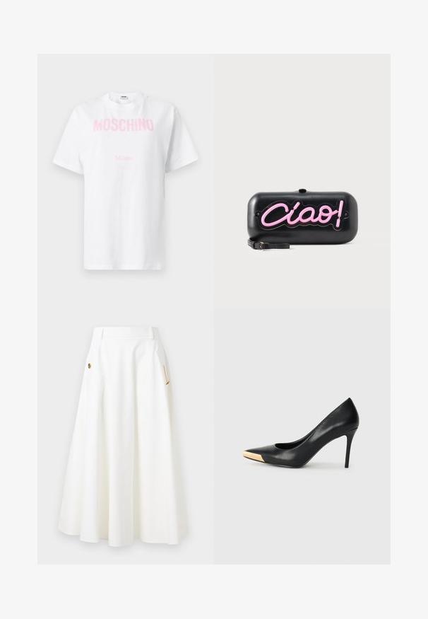 Wit katoenen T-shirt met roze "MOSCHINO"-tekst over de borst en kleinere tekst "Milano" eronder, korte mouwen en een ronde hals.; Witte A-lijn midi rok met zijzakken, gouden ketting en decoratieve knoopdetails, en riemlussen bij de taille.; Zwarte leren hoge hak pump met een spitse neus; heeft een metallic gouden accent op de neuskap. Glad oppervlak met een stijlvolle vormgeving.; Zwarte rechthoekige clutch met roze neonstijl "Ciao!" opschrift en een klein zwart polsbandje op een witte achtergrond.