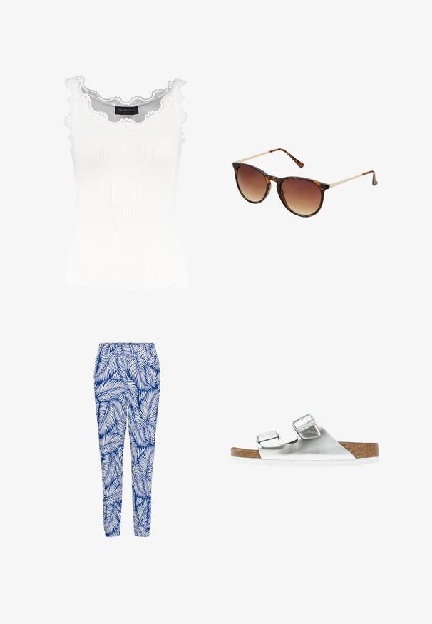 Débardeur blanc à côtes avec dentelle au niveau de l'encolure et des manches. Présente une texture douce et une coupe ajustée. Étiquette de la marque visible à l'intérieur.; Pantalon bleu et blanc à motif featuring un design de feuilles, taille élastique et bas resserrés, fabriqué dans un tissu léger et respirant.; Sandale métallique argentée avec deux brides réglables, semelle intérieure en liège et semelle blanche. Surface supérieure lisse avec une finition brillante.; Lunettes de soleil en écaille de tortue avec des verres dégradés marron, forme œil de chat, accents en métal doré sur les branches, et monture en plastique lisse.